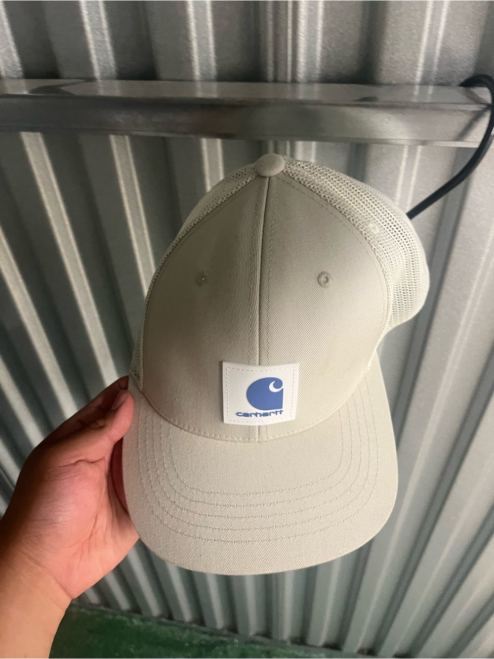 Carhartt Tan Mesh-Back Cap with Blue Logo Patch